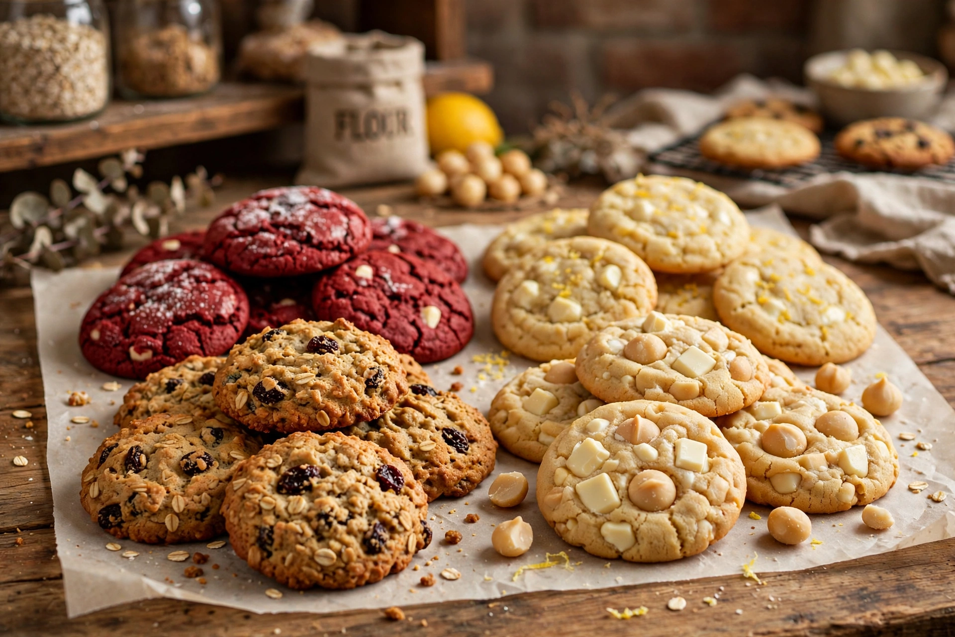 An assortment of freshly baked cookies on a bakery counter