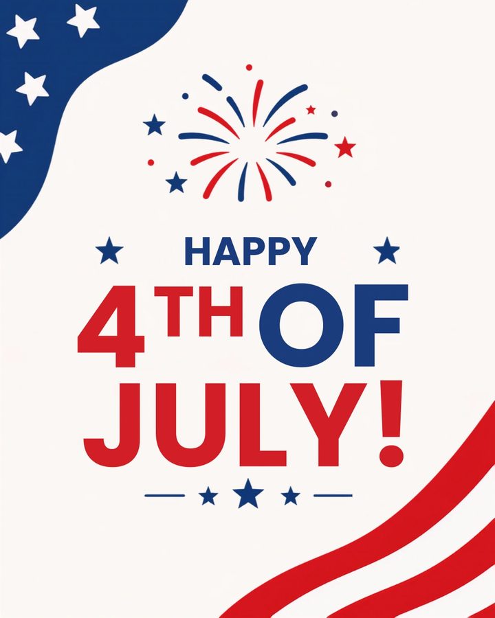 Red, white and blue Happy 4th of July graphic with fireworks from the bakery's Instagram